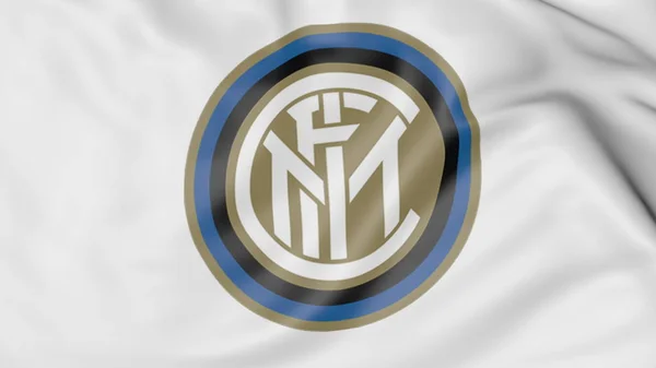 Close-up of waving flag with Inter Milan football club logo, 3D rendering — 图库照片