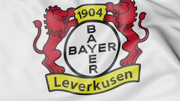 Nahaufnahme einer wehenden Fahne mit Bayer-Leverkusen-Vereinslogo, 3D-Darstellung — Stockfoto