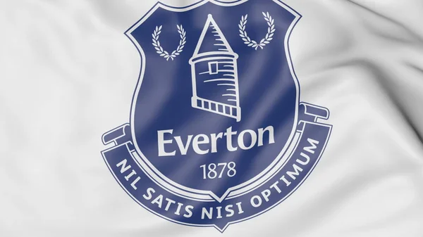 Närbild av viftar flagga med Everton Fc fotboll klubb logo, 3d-rendering — Stockfoto