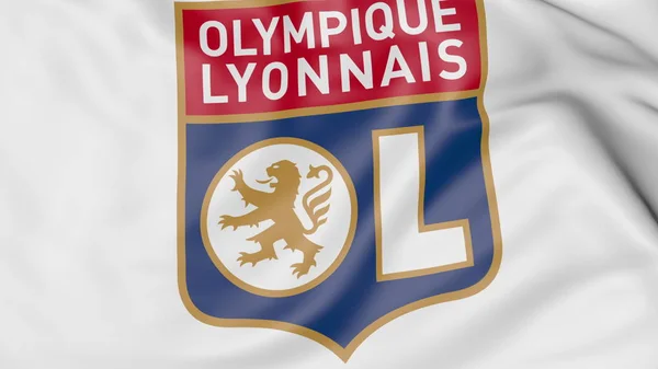 Nær viftende flagg med Lyon-logo, 3D-gjengivelse – stockfoto