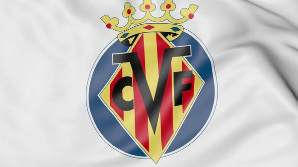 Primo piano della bandiera sventolante con logo della società calcistica Villarreal, rendering 3D — Foto Stock