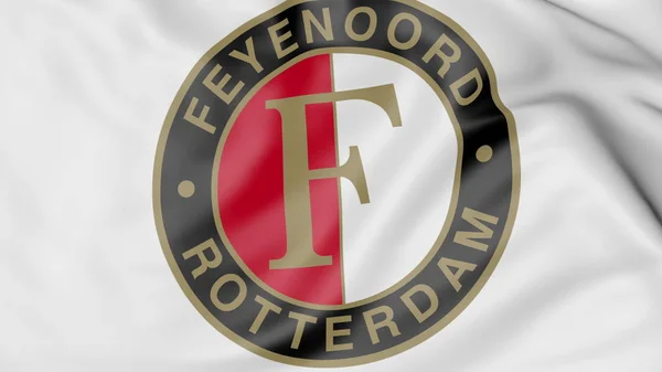 Primer plano de la bandera ondeante con el logotipo del club de fútbol Feyenoord, representación 3D —  Fotos de Stock