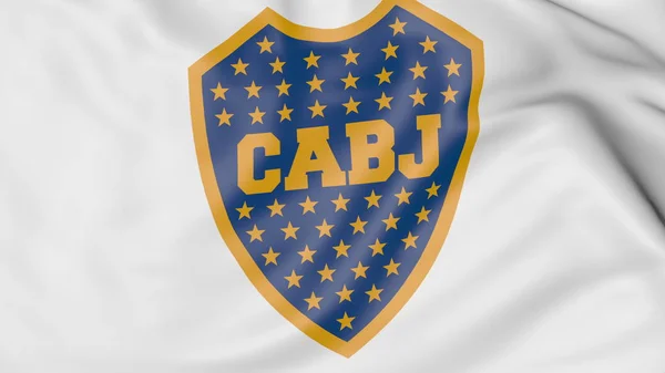 Primer plano de la bandera ondeante con el logotipo del club de fútbol Boca Juniors, representación 3D —  Fotos de Stock