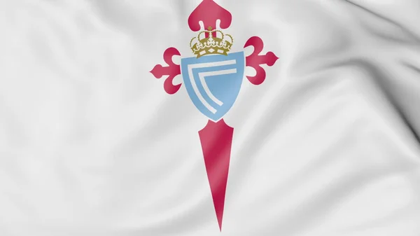 Gros plan du drapeau ondulé avec le logo du club de football Celta Vigo, rendu 3D — Photo