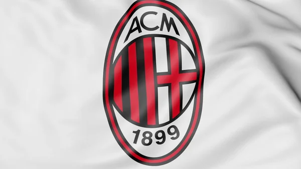 Gros plan du drapeau ondulé avec logo du club de football AC Milan, rendu 3D — Photo