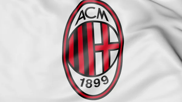 Close-up dari melambaikan bendera dengan logo klub sepak bola AC Milan, 3D rendering — Stok Foto