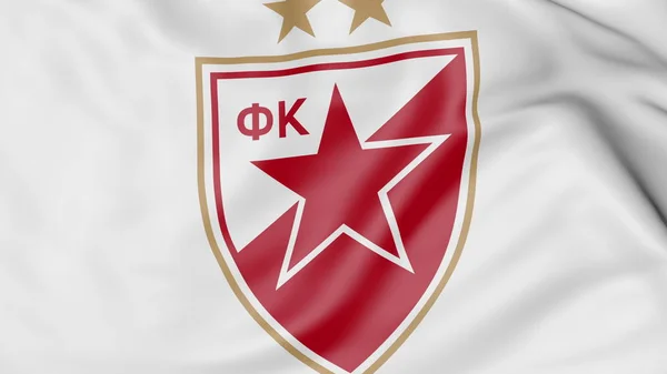 Close-up da bandeira acenando com o logotipo do clube de futebol Crvena Zvezda, renderização 3D — Fotografia de Stock