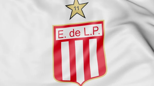 Close-up van zwaaien vlag met Estudiantes de Laplata voetbal club logo, 3D-rendering — Stockfoto