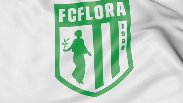 Close-up van zwaaien vlag met Fc Flora voetbal club logo, 3D-rendering — Stockfoto