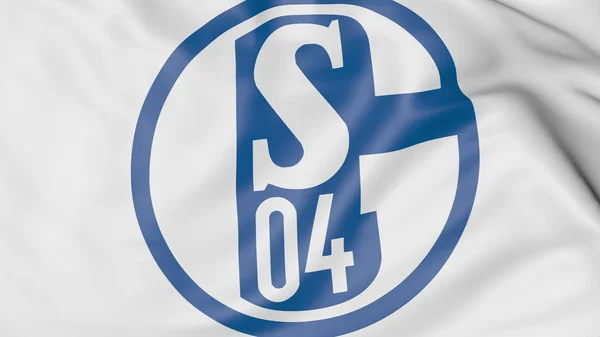 Nahaufnahme einer wehenden Fahne mit dem Vereinslogo des FC Schalke 04, 3D-Darstellung — Stockfoto