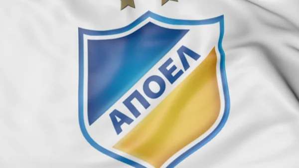 Close-up van zwaaien vlag met Apoel Fc voetbal club logo, 3D-rendering — Stockfoto