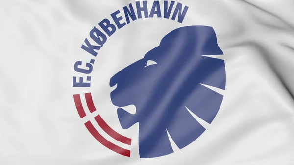 Primer plano de la bandera ondeante con el logotipo del club de fútbol FC Copenhague, representación 3D — Foto de Stock