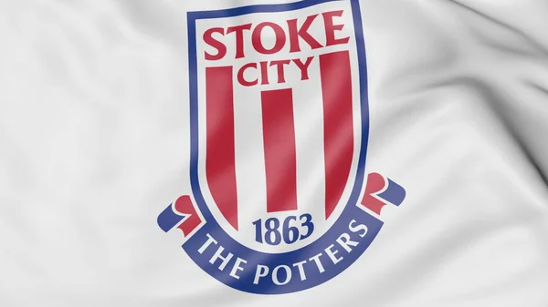 Close-up van zwaaien vlag met Stoke City football club logo, 3D-rendering — Stockfoto