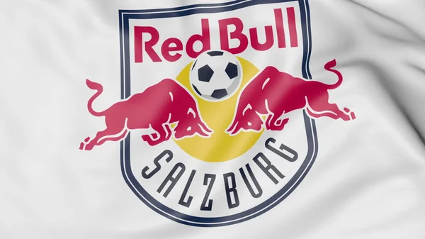 Fc Red Bull Salzburg futbol kulübü logosu, 3d render ile bayrak sallayarak yakın çekim — Stok fotoğraf
