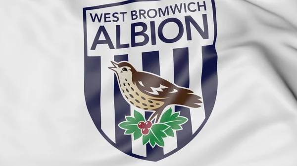 Close-up dari melambaikan bendera dengan West Bromwich Albion FC logo klub sepak bola, 3D rendering — Stok Foto