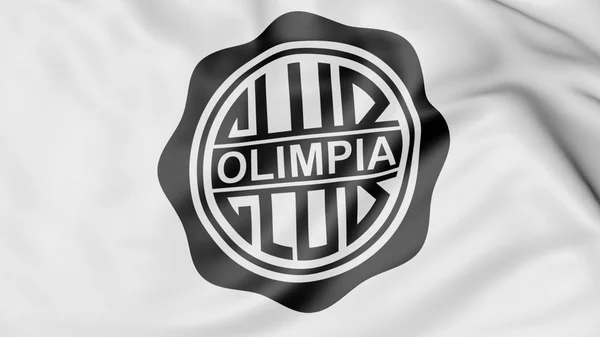 Primo piano della bandiera sventolante con logo della squadra di calcio del Club Olimpia, rendering 3D — Foto Stock