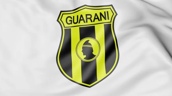 Primer plano de la bandera ondeante con el logotipo del club de fútbol guaraní, representación 3D — Foto de Stock