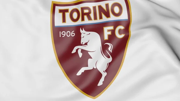 Nahaufnahme einer schwenkenden Fahne mit dem Logo des Fußballclubs torino fc, 3D-Darstellung — Stockfoto