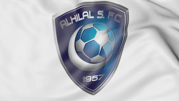 Close-up van zwaaien vlag met Al Hilal Fc voetbal club logo, 3D-rendering — Stockfoto