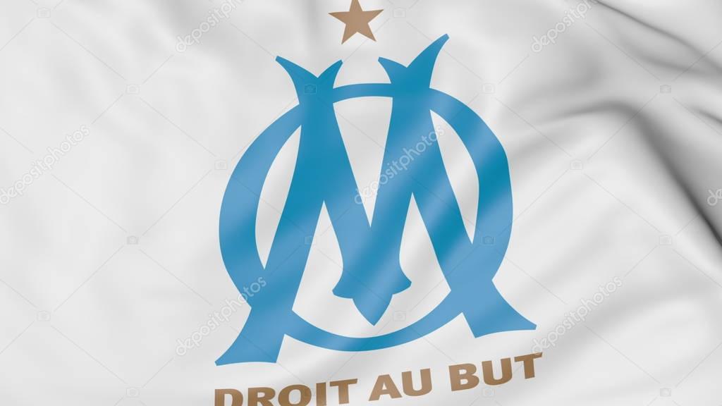 Close-up of waving flag with Olympique de Marseille football club logo, 3D France
