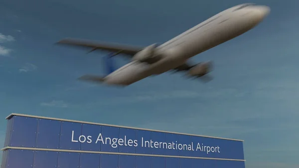 Kommersiella flygplan lyfter på Los Angeles International Airport redaktionella 3d-rendering — Stockfoto