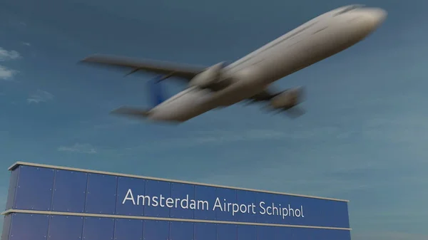 Взлет коммерческого самолета в аэропорту Амстердама Schiphol Editorial 3D rendering — стоковое фото