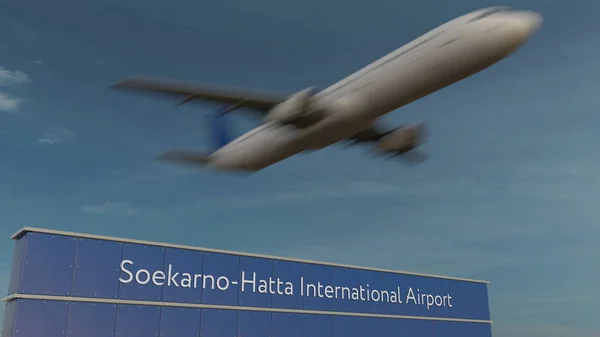 Kommersiella flygplan lyfter på Soekarno-Hatta internationella flygplats redaktionella 3d-rendering — Stockfoto