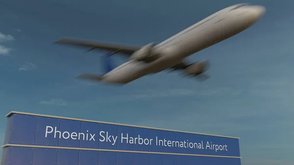 Kommersiella flygplan lyfter på Phoenix Sky Harbor International Airport redaktionella 3d-rendering — Stockfoto