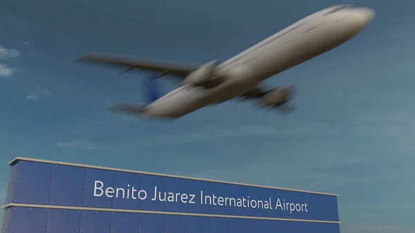 Kommersiella flygplan lyfter på Benito Juarez International Airport redaktionella 3d-rendering — Stockfoto