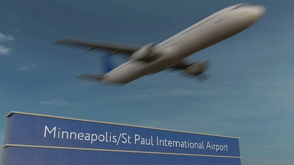 商用飞机起飞在明尼阿波利斯圣保罗国际机场编辑 3d 渲染 — 图库照片