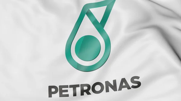 Primo piano della bandiera sventolante con il logo Petroliam Nasional Berhad PETRONAS, rendering editoriale 3D — Foto Stock