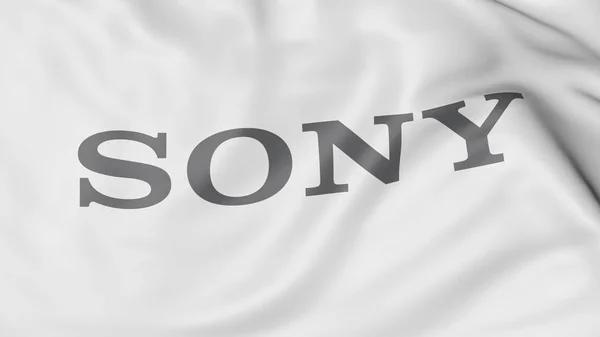 Close-up da bandeira acenando com o logotipo da Sony Corporation, renderização 3D editorial — Fotografia de Stock