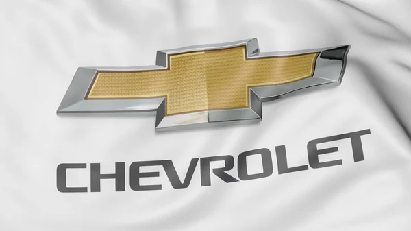 Primer plano de la bandera ondeante con el logotipo de Chevrolet, representación editorial 3D — Foto de Stock