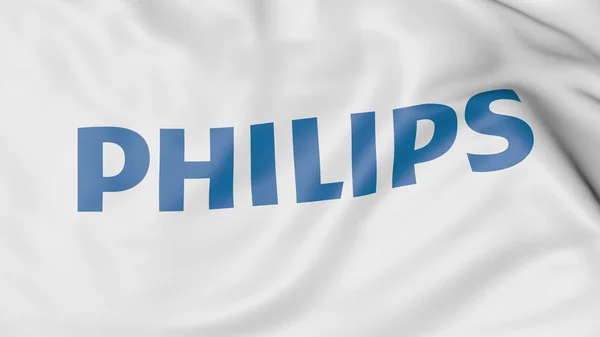 Primer plano de la bandera ondeante con el logotipo de Philips, representación editorial 3D — Foto de Stock