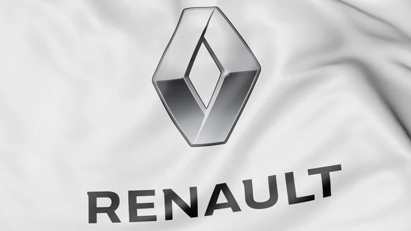 Primer plano de la bandera ondeante con el logotipo de Groupe Renault, representación editorial 3D — Foto de Stock