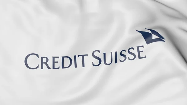 Close-up da bandeira acenando com o logotipo do Credit Suisse Group, renderização 3D editorial — Fotografia de Stock