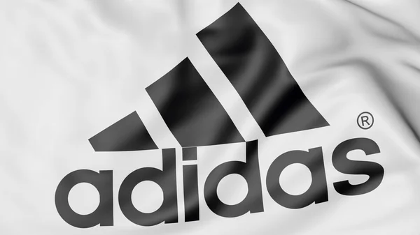 Integetett zászló Adidas felirat és logó, szerkesztői 3d rendering részlete — Stock Fotó