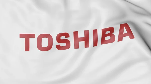 Close-up dari melambaikan bendera dengan logo Toshiba Corporation, editorial 3D rendering — Stok Foto