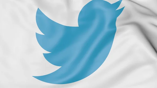 Primer plano de la bandera ondeante con el logotipo de Twitter, Inc., representación editorial 3D — Foto de Stock