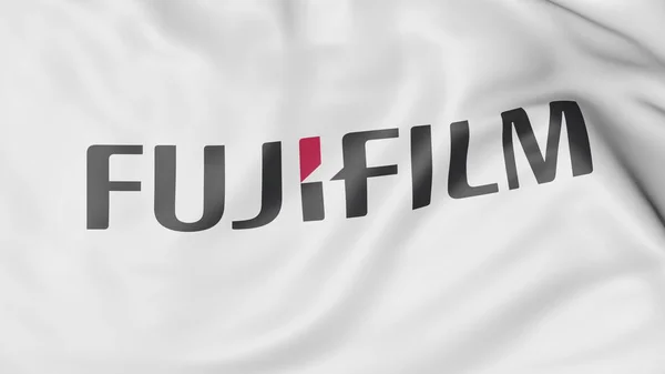 Primo piano della bandiera sventolante con logo Fujifilm, rendering editoriale 3D — Foto Stock