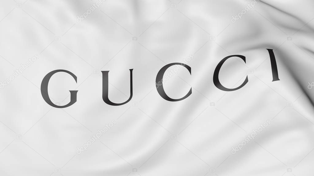 Close-up of waving flag with Gucci logo, editorial 3D rendering United States United States