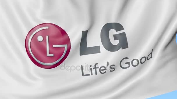 Close-up de acenando bandeira com logotipo LG Corporation, loop sem costura, fundo azul, animação editorial. 4K ProRes — Vídeo de Stock