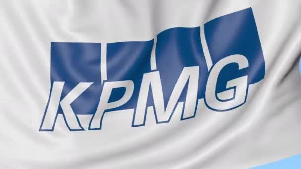 Närbild av viftande flagga med Kpmg logotyp, sömlös loop, blå bakgrund, redaktionella animation. 4k Prores — Stockvideo