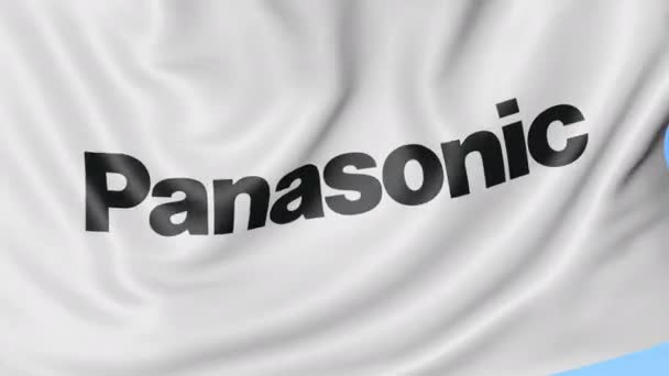 Integetett zászló Panasonic Corporation logó, varrat nélküli hurok, a kék háttér szerkesztőségi animáció részlete. 4k Prores — Stock videók