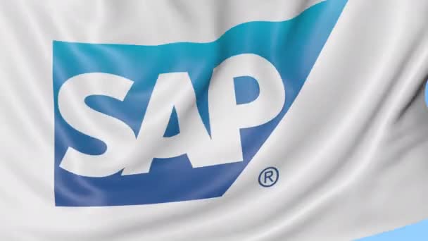 Close-up of waving flag with SAP SE logo, seamless loop, blue background, editorial animation. 4K ProRes — Stock Video
