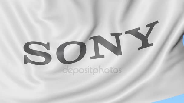 Крупный план размахивания флагом с логотипом Sony Corporation, бесшовный цикл, синий фон, редакционная анимация. 4K ProRes — стоковое видео