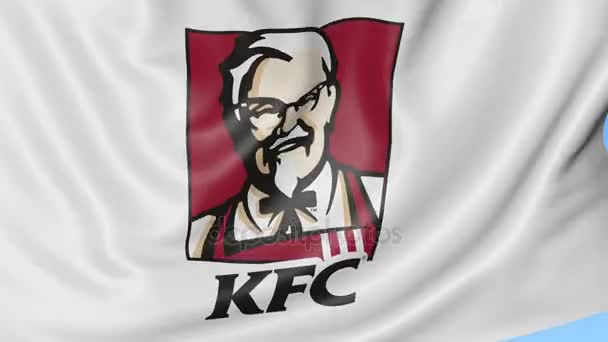 Крупный план размахивания флагом с логотипом Kentucky Fried Chicken KFC, бесшовный цикл, синий фон, редакционная анимация. 4K ProRes — стоковое видео