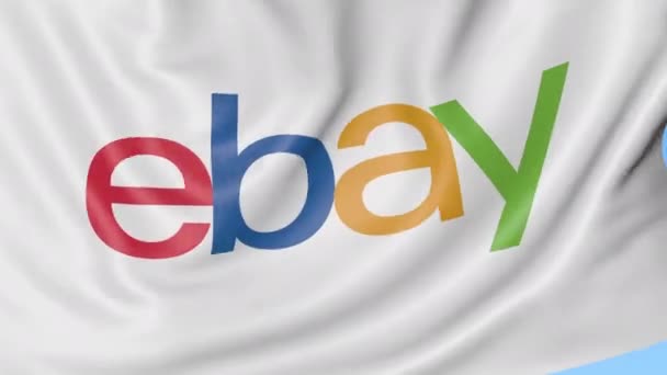 Primer plano de la bandera ondeante con el logotipo de eBay Inc., bucle sin costuras, fondo azul, animación editorial. 4K ProRes — Vídeos de Stock