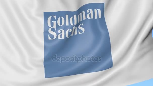Крупный план размахивания флагом с логотипом The Goldman Sachs Group, Inc., бесшовный цикл, синий фон, редакционная анимация. 4K ProRes — стоковое видео