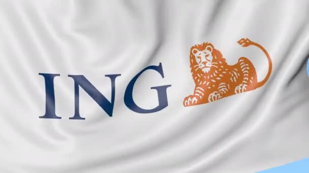 Primer plano de la bandera ondeante con el logotipo de ING Group, bucle sin costuras, fondo azul, animación editorial. 4K ProRes — Vídeos de Stock